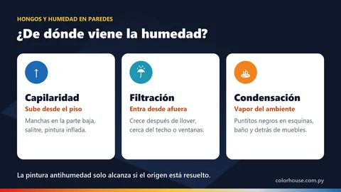 Infografía: los tres orígenes de la humedad en paredes, capilaridad, filtración y condensación