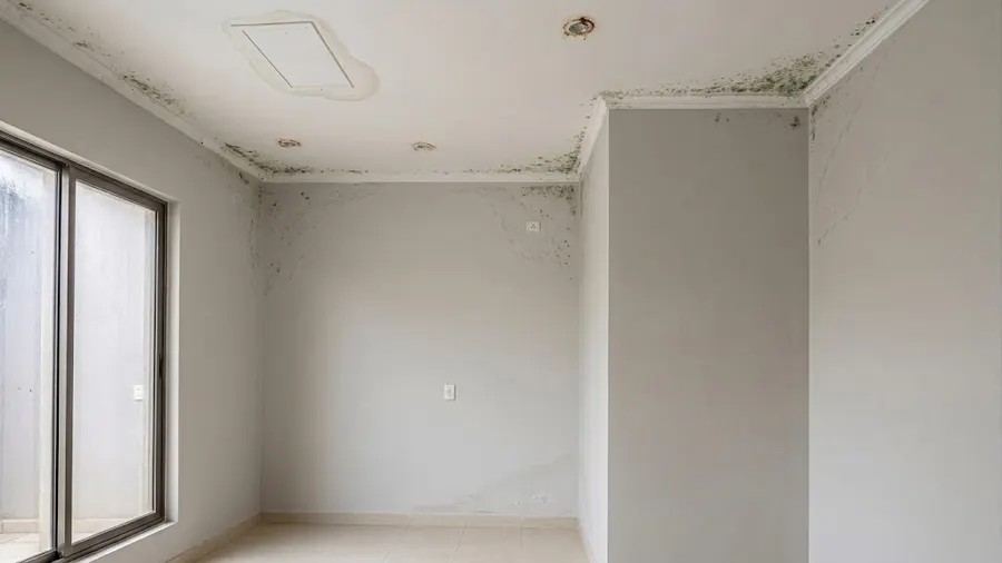 Pared interior con mancha de humedad y pintura descascarada antes de reparación
