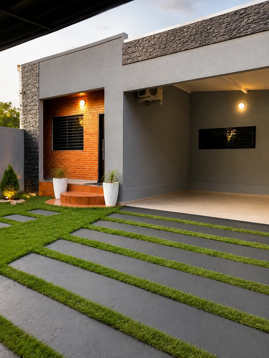 Fachada en gris grafito con revestimiento en piedra y garaje integrado