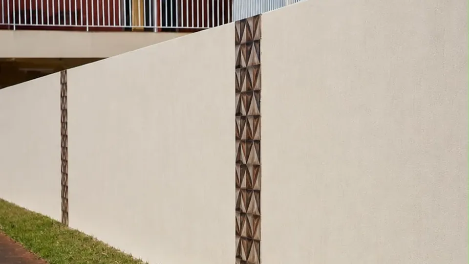 Muro perimetral texturado en beige con guarda cerámica, foto publicada por un cliente en Google