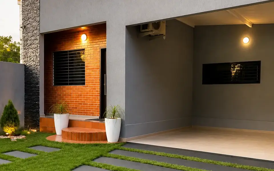 Fachada en gris grafito con revestimiento en piedra y garaje